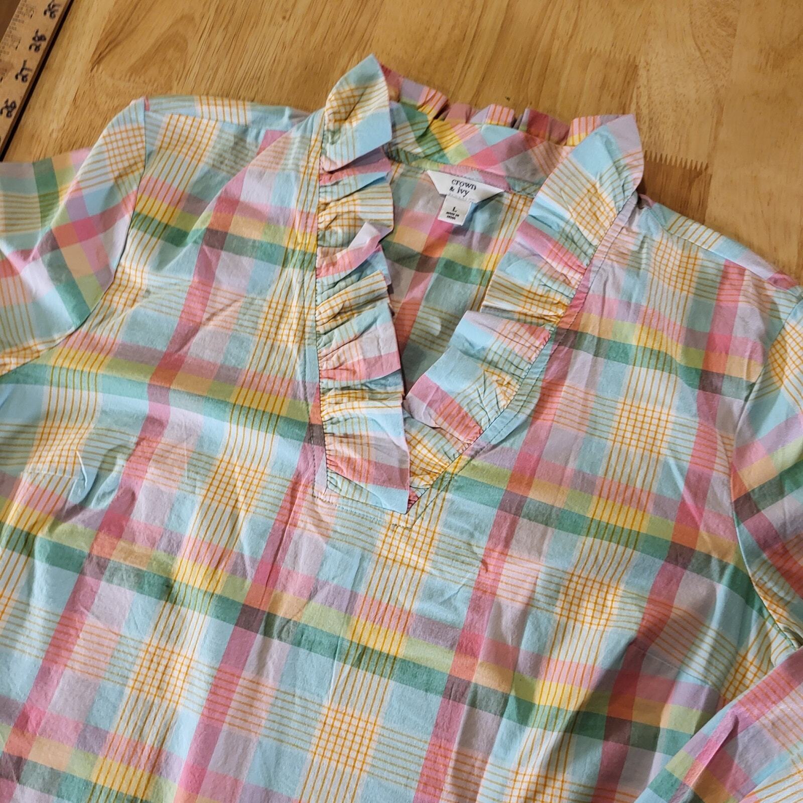 Crown & Ivy Pastel Plaid Ruffle Collar 3/4 Sleeve 25" Long 23" P2P