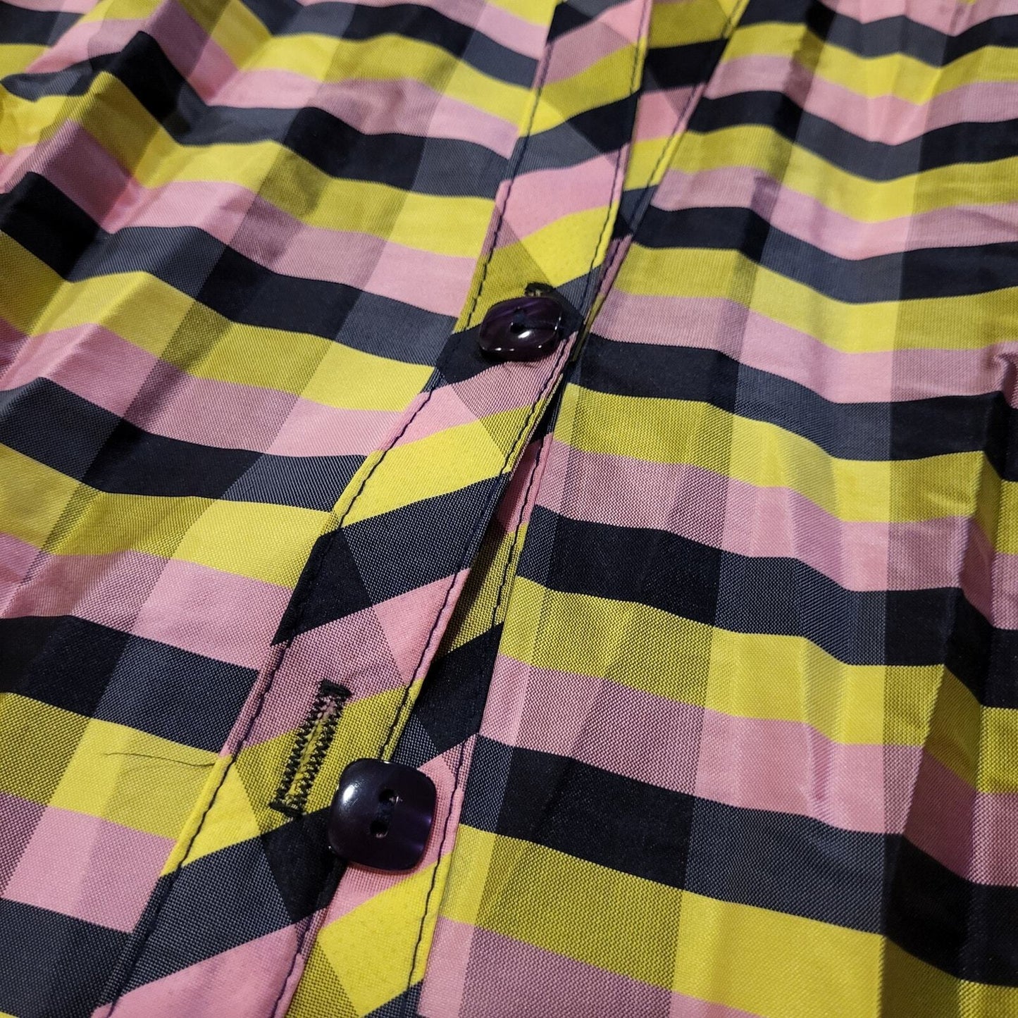 Beluva Pink & Green Plaid Crepe Button Down Collared Top Cuff Colorful 18" P2P
