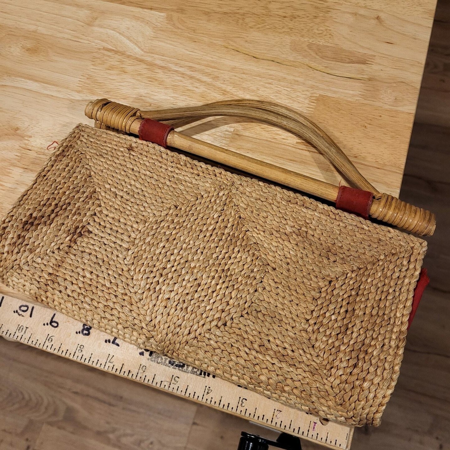 Vintage Ratan Woven Grass Bag Wooden Handles (See photos for Condition)