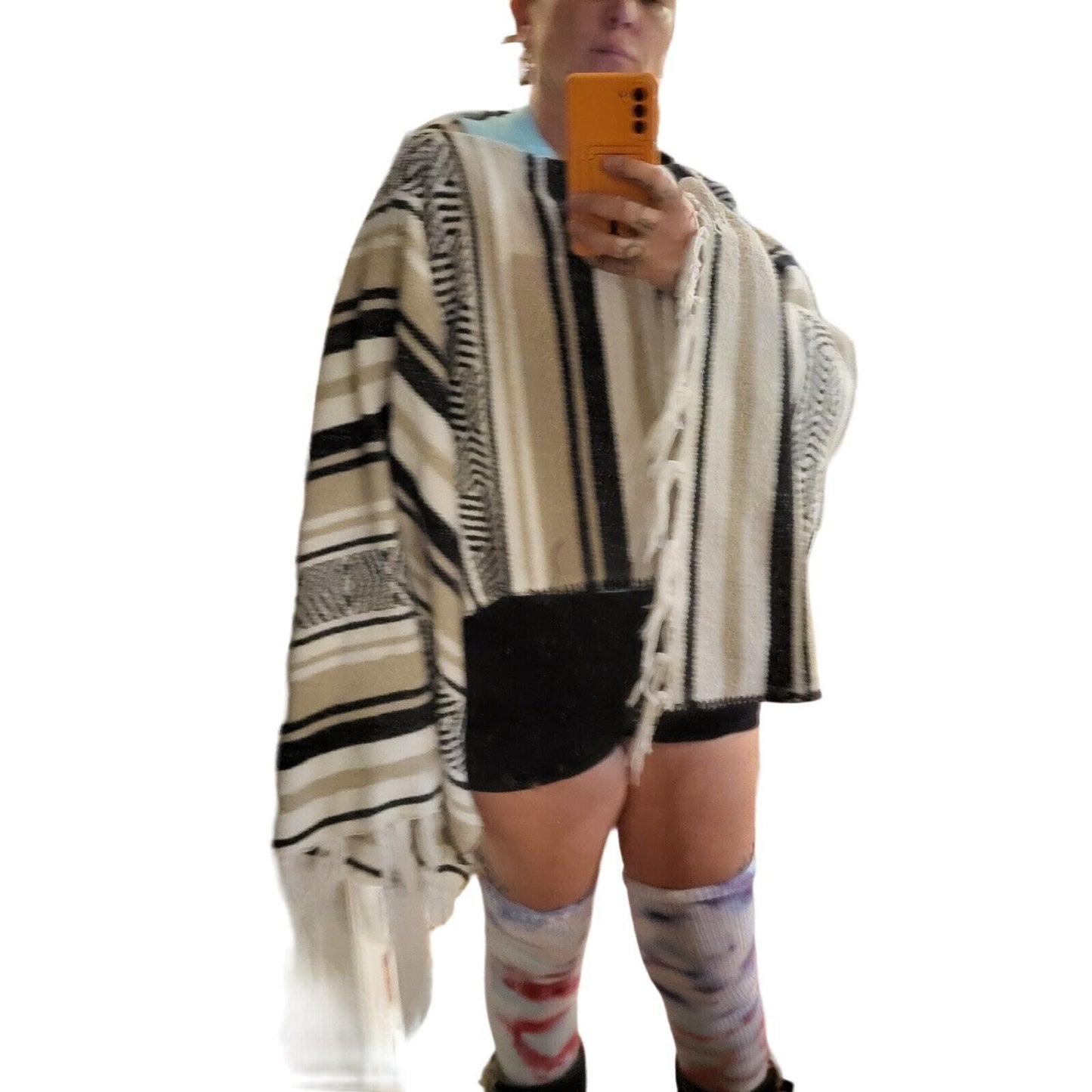 Handmade Mexican Gray Black Striped Poncho Two Ways To Wear Cotton Blend 