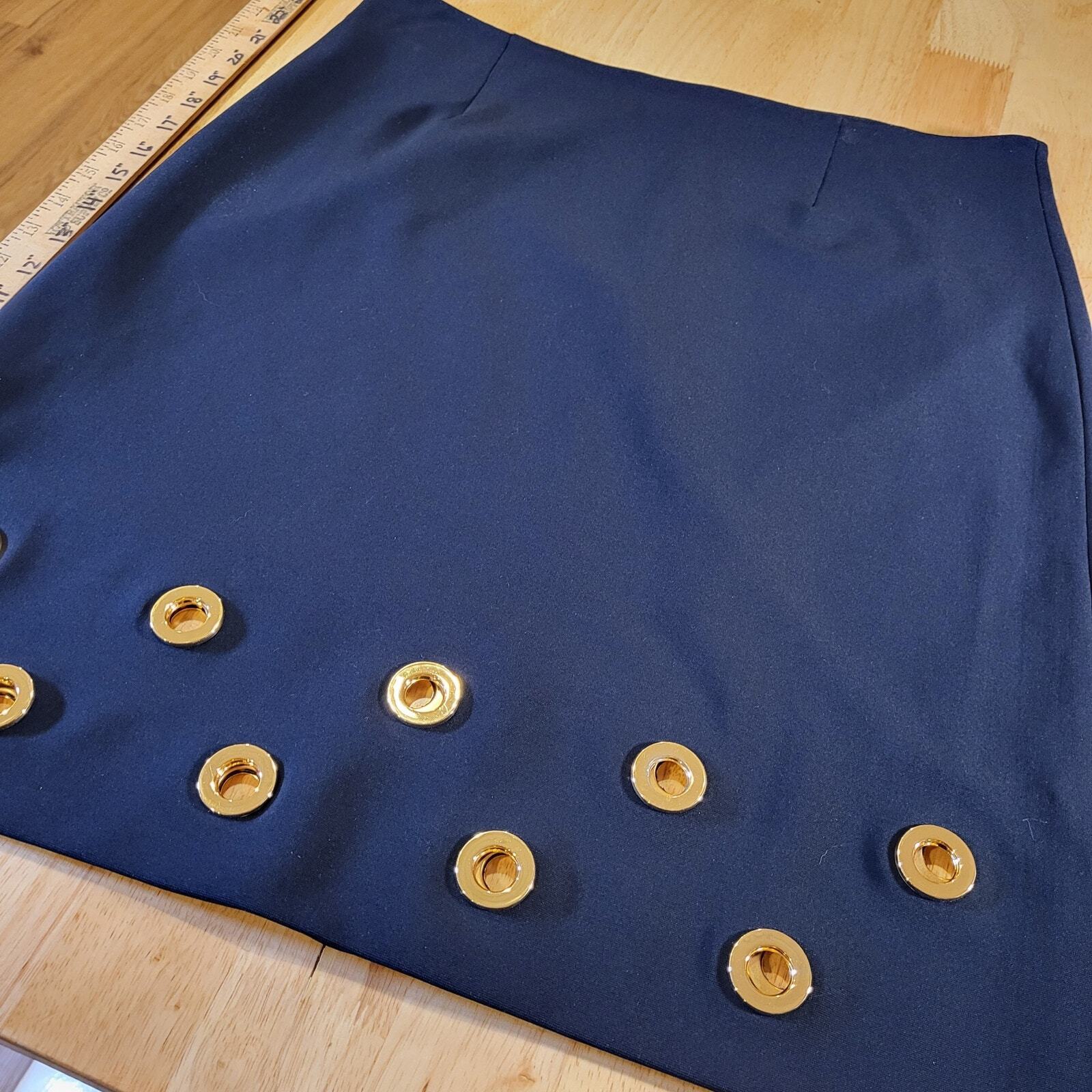Doncaster Navy Blue Pencil Skirt Gold Circle Metal Detail 10 