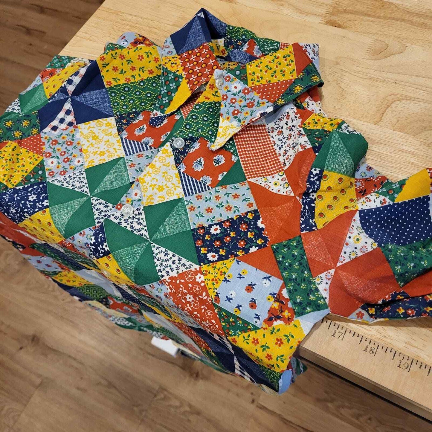 Vintage cotton patchwork puff sleeve button front top small