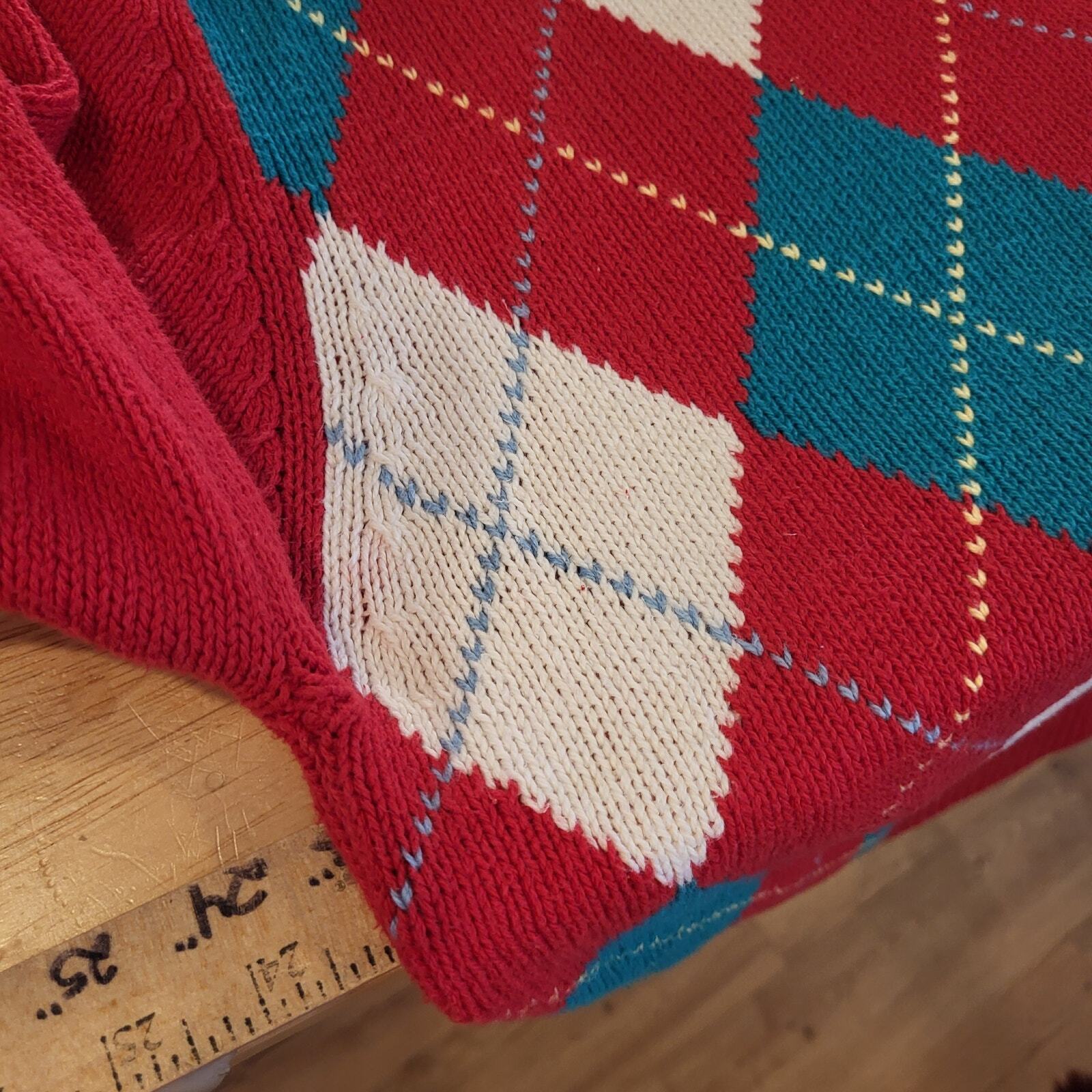 Vintage Argyle 100% Cotton Red White & Green Gold Norsport Lonng Sleeve Sweater 