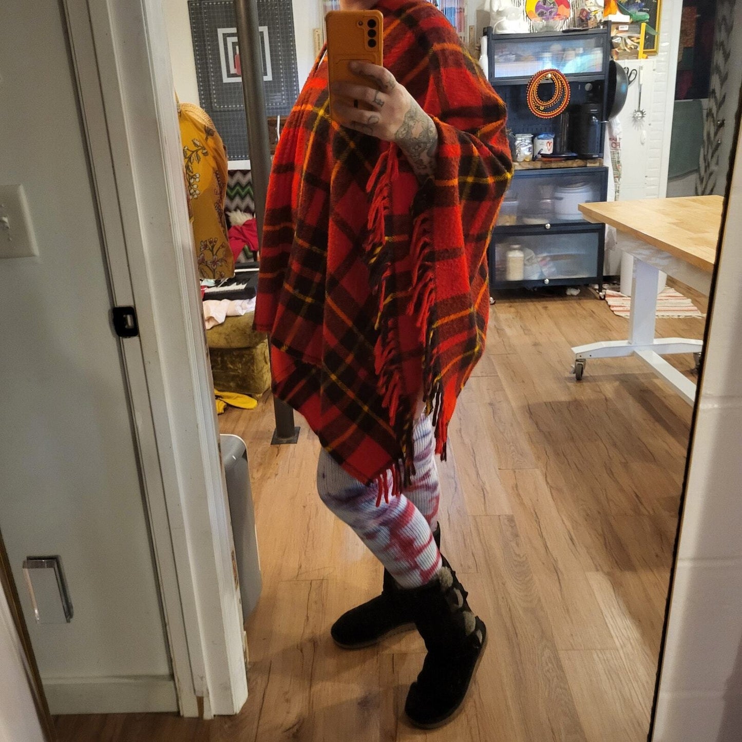 Red Plaid Tartan Possibly Wool Hand Made Poncho Multiple Ways to Wear