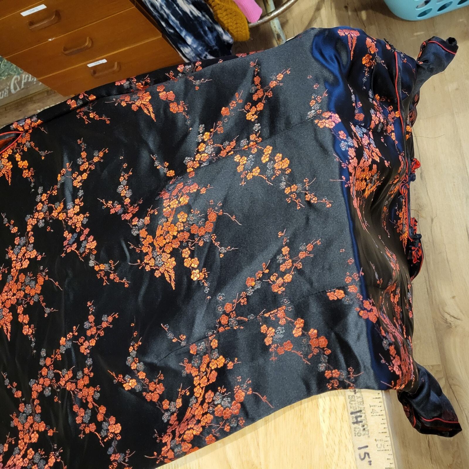Black & Red Brocade Traditional Chinese Satin Floral Dress Mandarin Collar 15' p