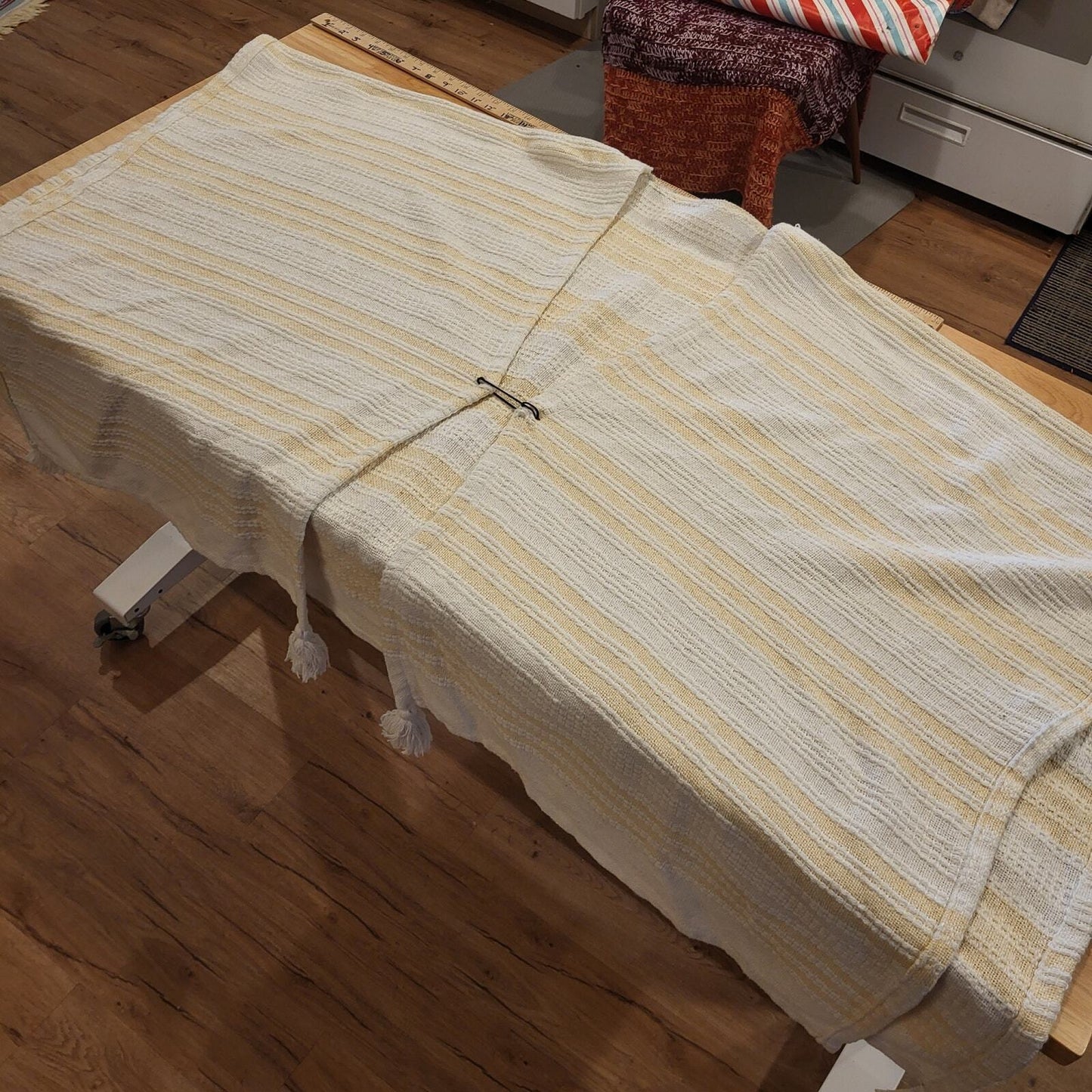 Hand Made Knit Yellow & White Striped Poncho Shawl Open Front Pin 
