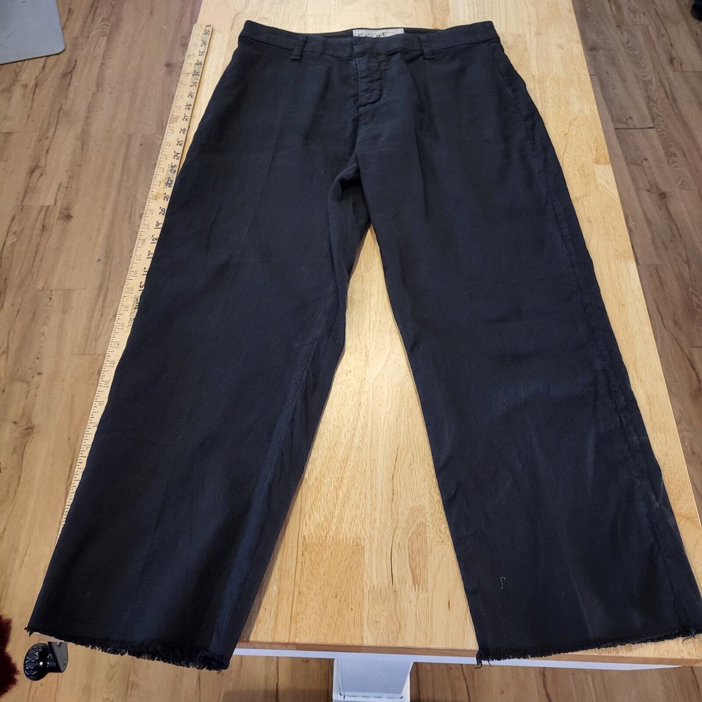 Frank & Eileen Linen & Flax Black Slacks Distressed Cuff Straight Leg Ankle 