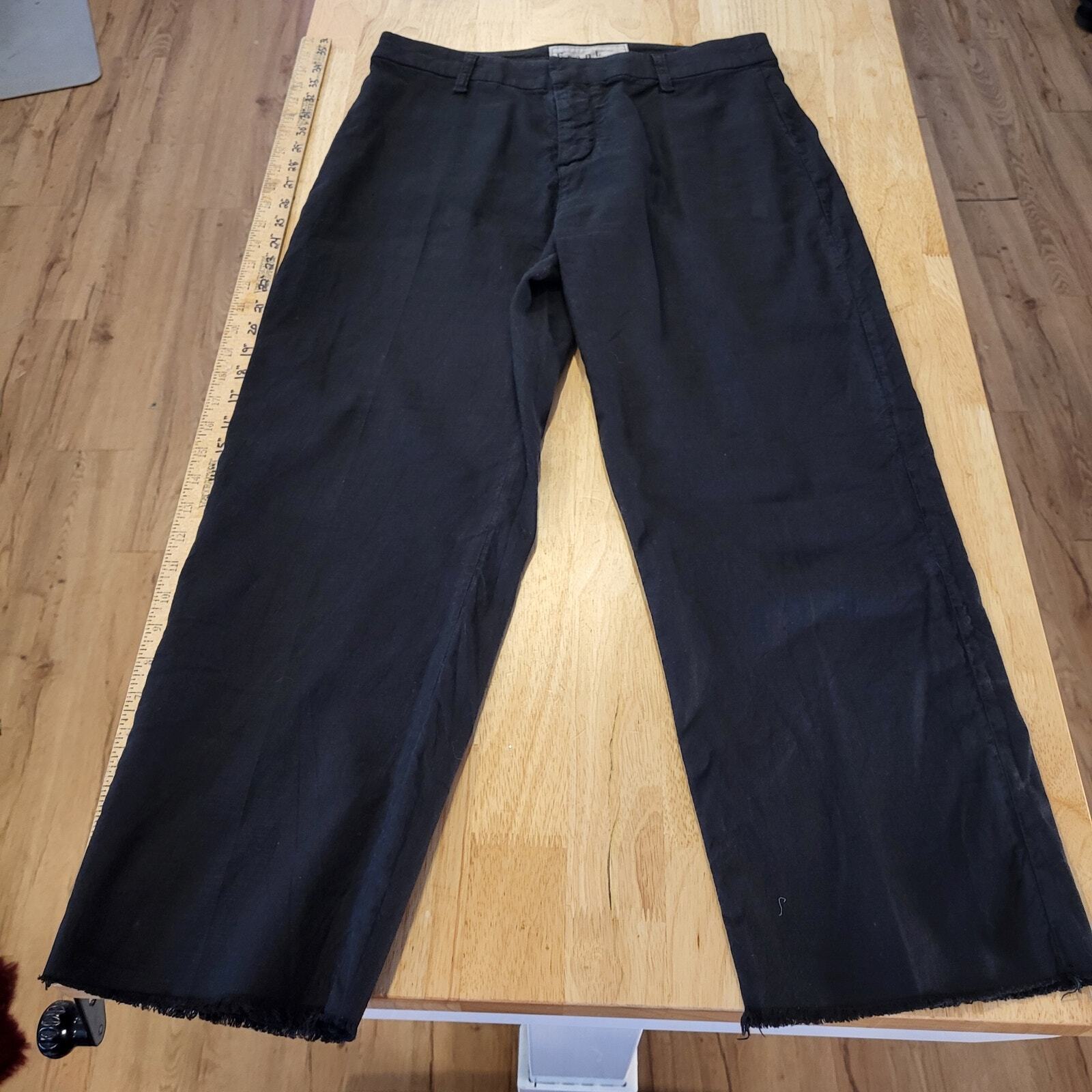 Frank & Eileen Linen & Flax Black Slacks Distressed Cuff Straight Leg Ankle 