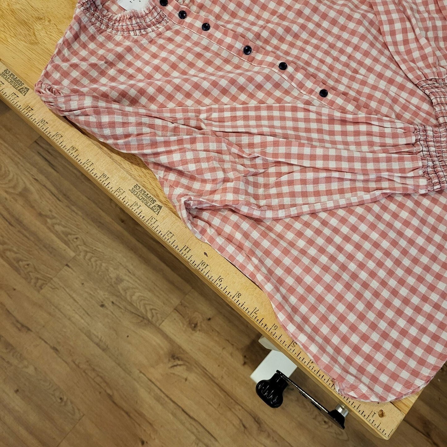 Rochelle Behrens The Shirt Gingham Pink Sheered Collar & Cuff Cotton Long Sleeve