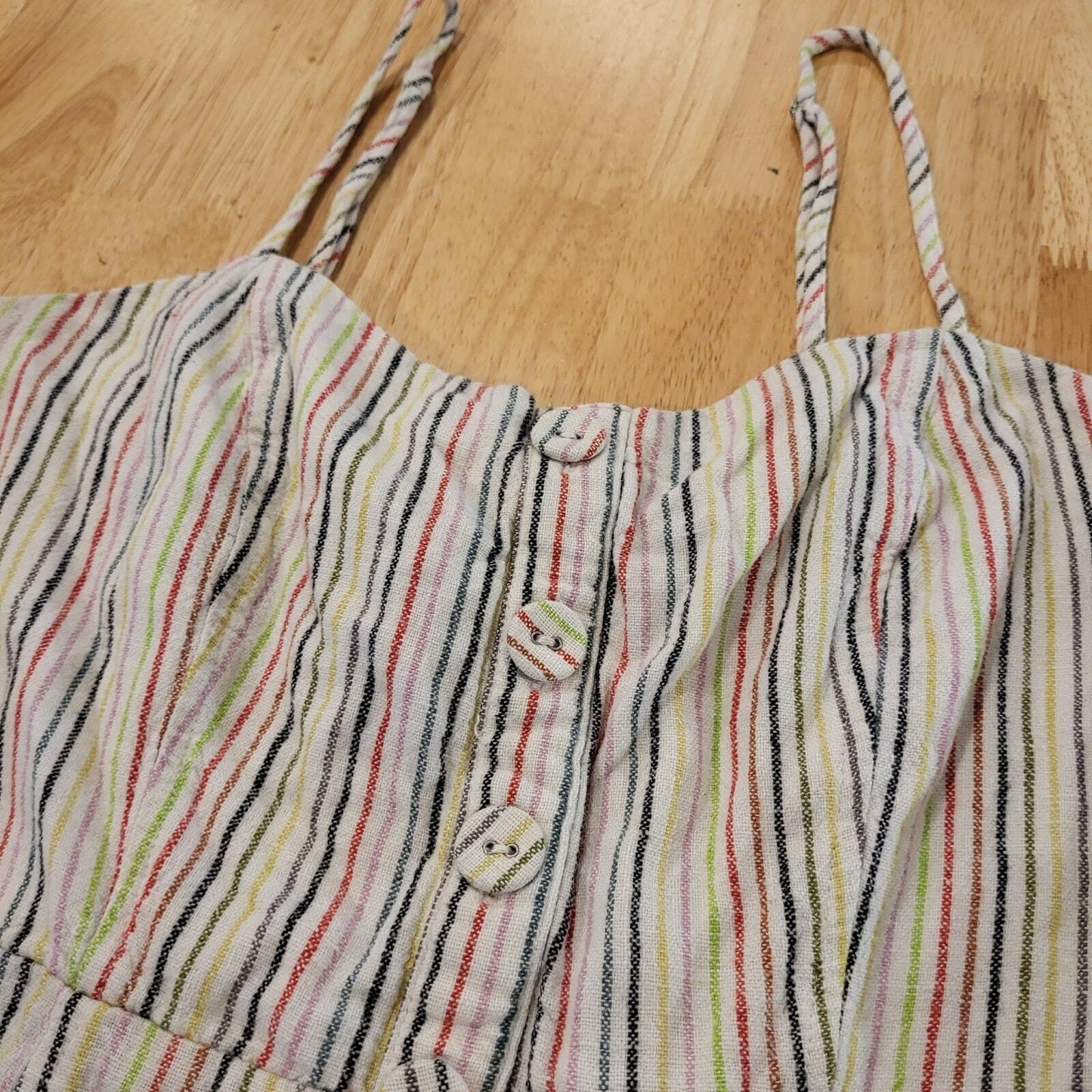 Cotton Forever 21 Large Spaghetti Strap Mini Dress Rainbow Elastic Button 