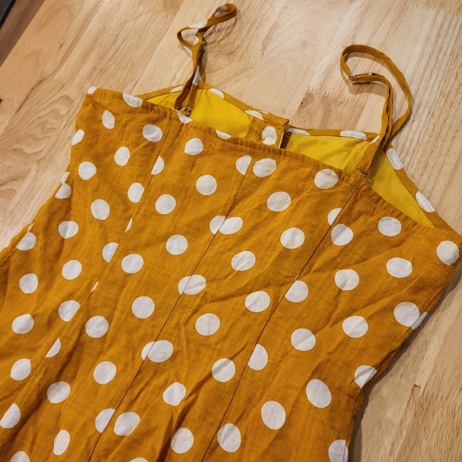 Rebellion Mustard Yellow Polka Dot Strappy Dress Small Button 16" p2p 14" Waist