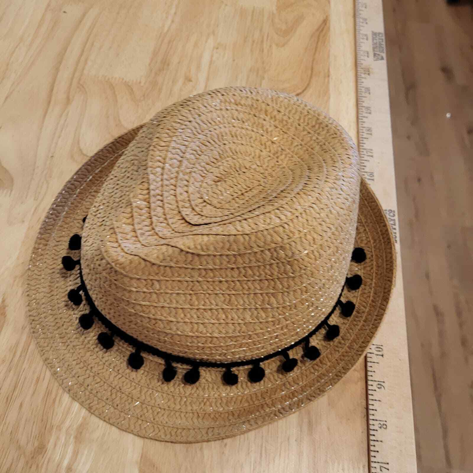 Paper Straw Fedora Hat Black Pom Poms 23" 