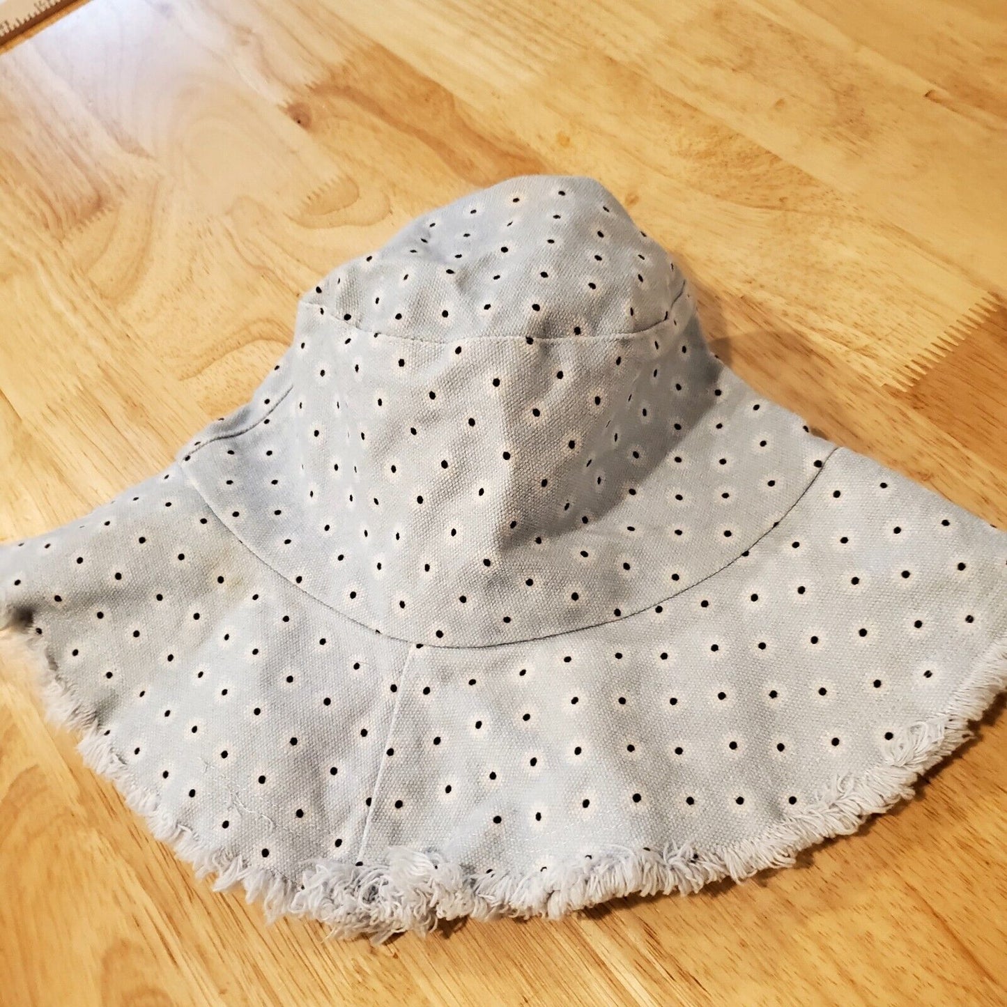 100% Cotton Blue Polkadot Bucket Hat Frayed Edge