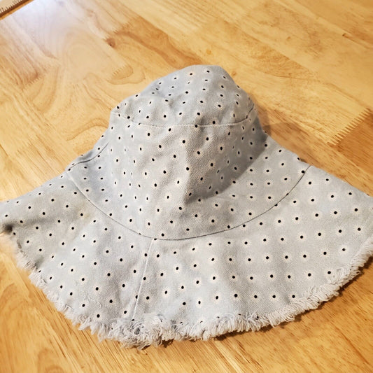 100% Cotton Blue Polkadot Bucket Hat Frayed Edge