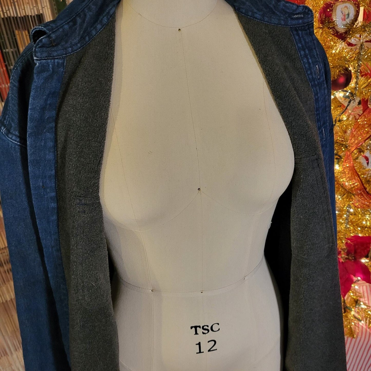 Lanesboro 100% Cotton Blue Denim Brown Fleece Lined Collared Button Up Jacket XL