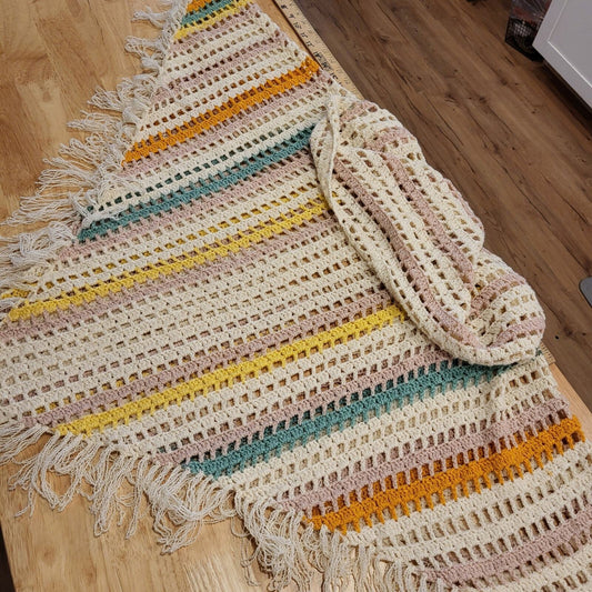 POL Pastel Rainbow Crochet Hooded Poncho Open Knit Striped Fringe Large