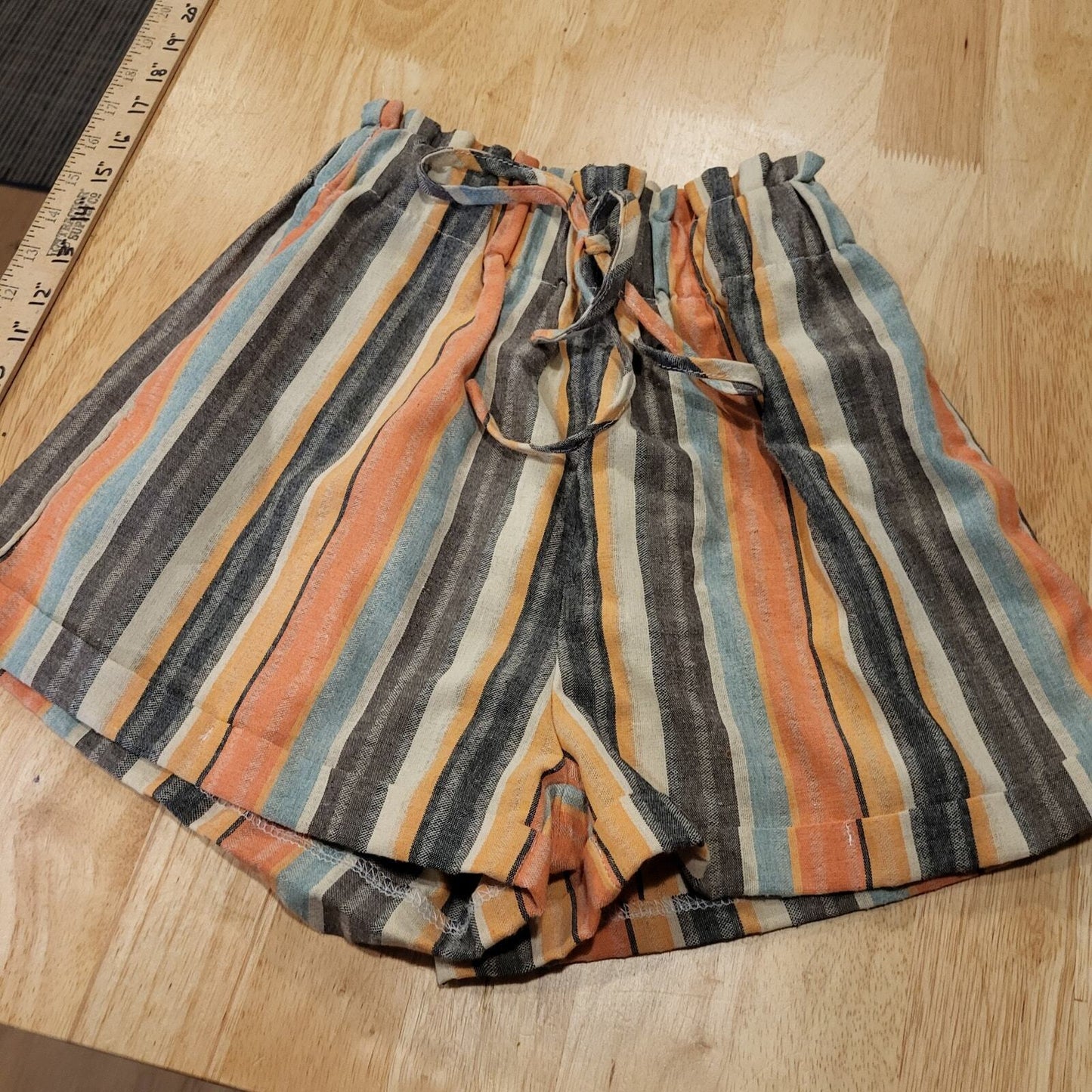 Pastel striped paper bag waist shorts woven extra small elastic stretches to 34"
