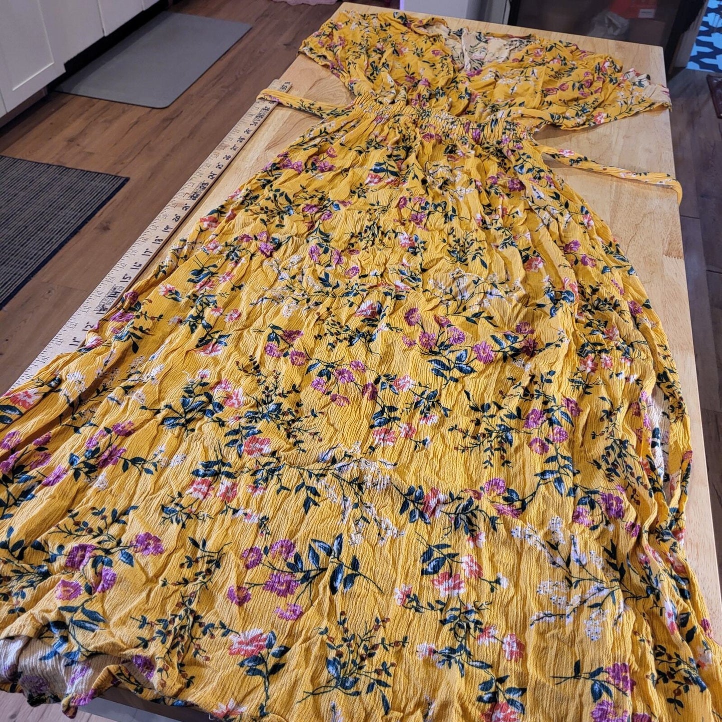 Yellow Floral V Neck Flow Flutter Sleeve 12"-22" Waist Tie Maxi Dress