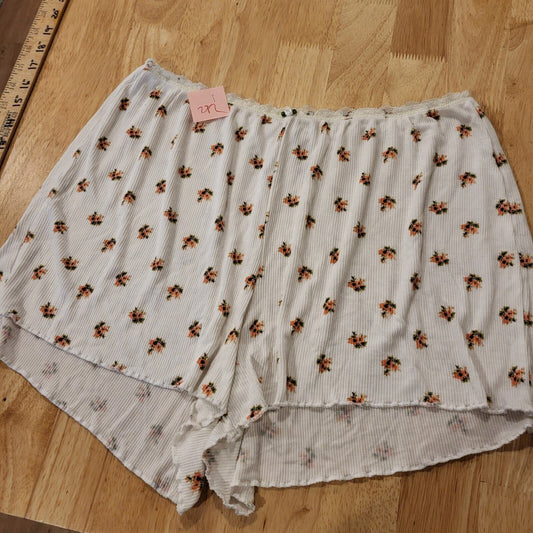 Aerie Soft Ribbed Knit Floral White Shorts Elastic Waist Medium