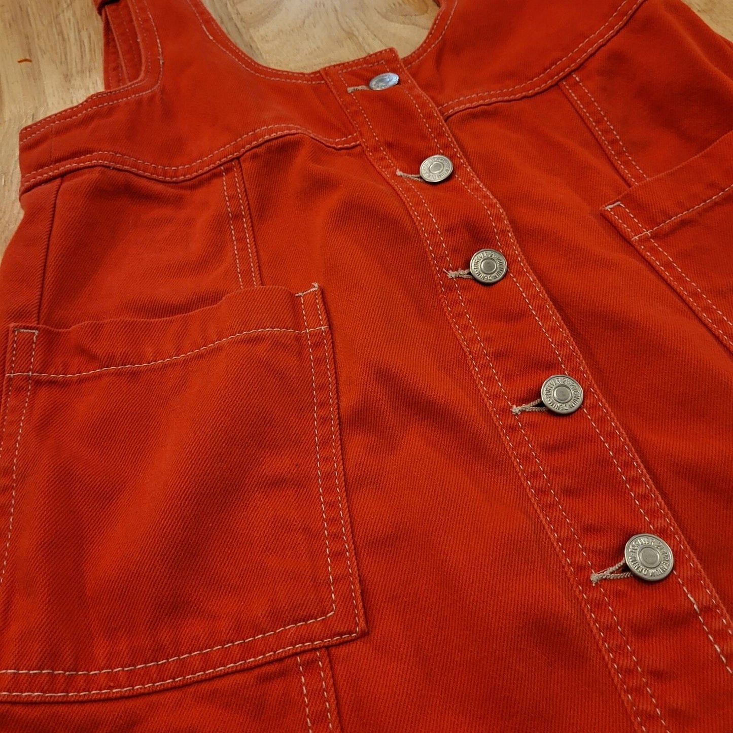 Medium Forever 21 Red Denim Pinafore Adjustable Buckle Overall Dress Pockets 