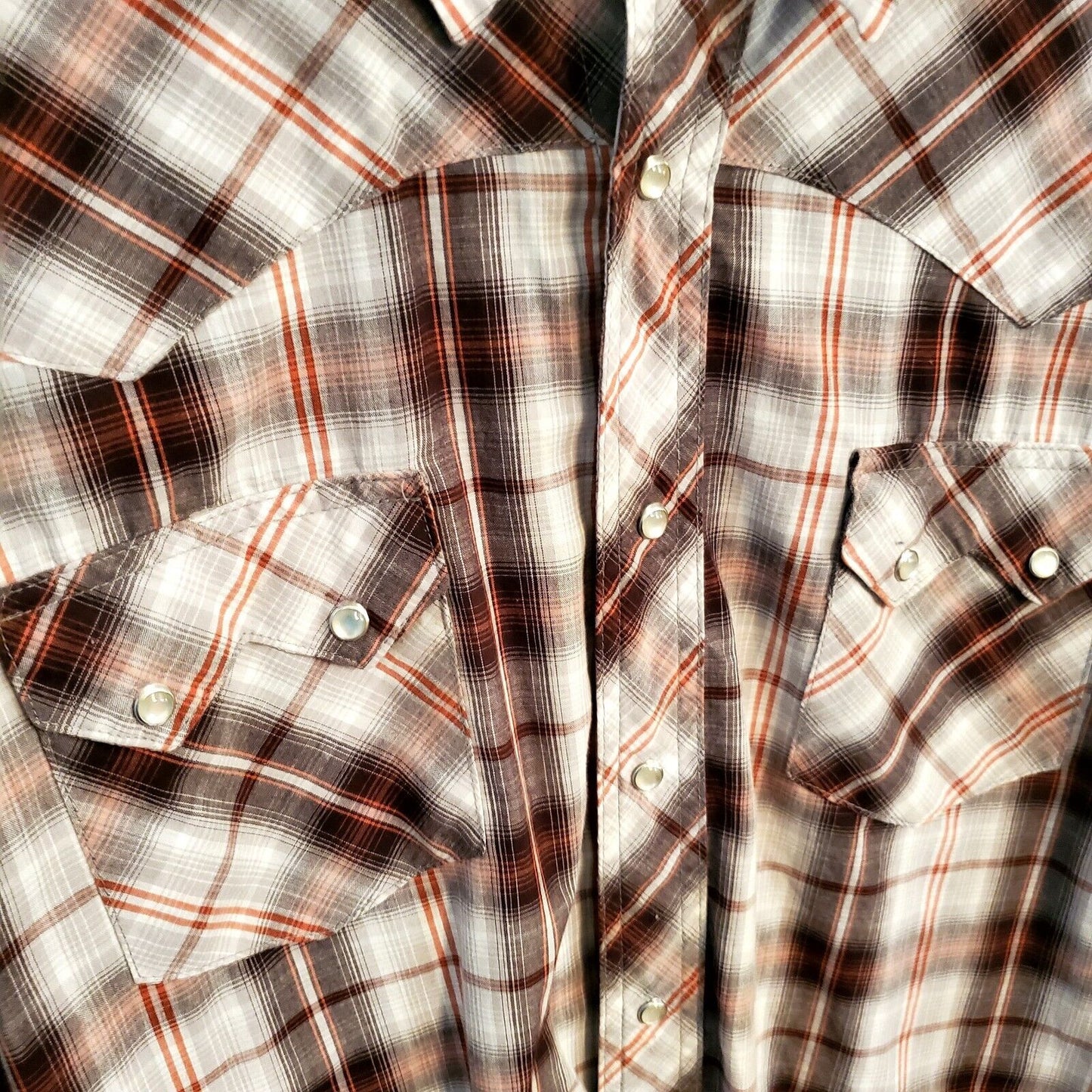 Vintage Wrangler Pearl Snap Medium Long Sleeve Button Down Brown Plaid  26" P2P