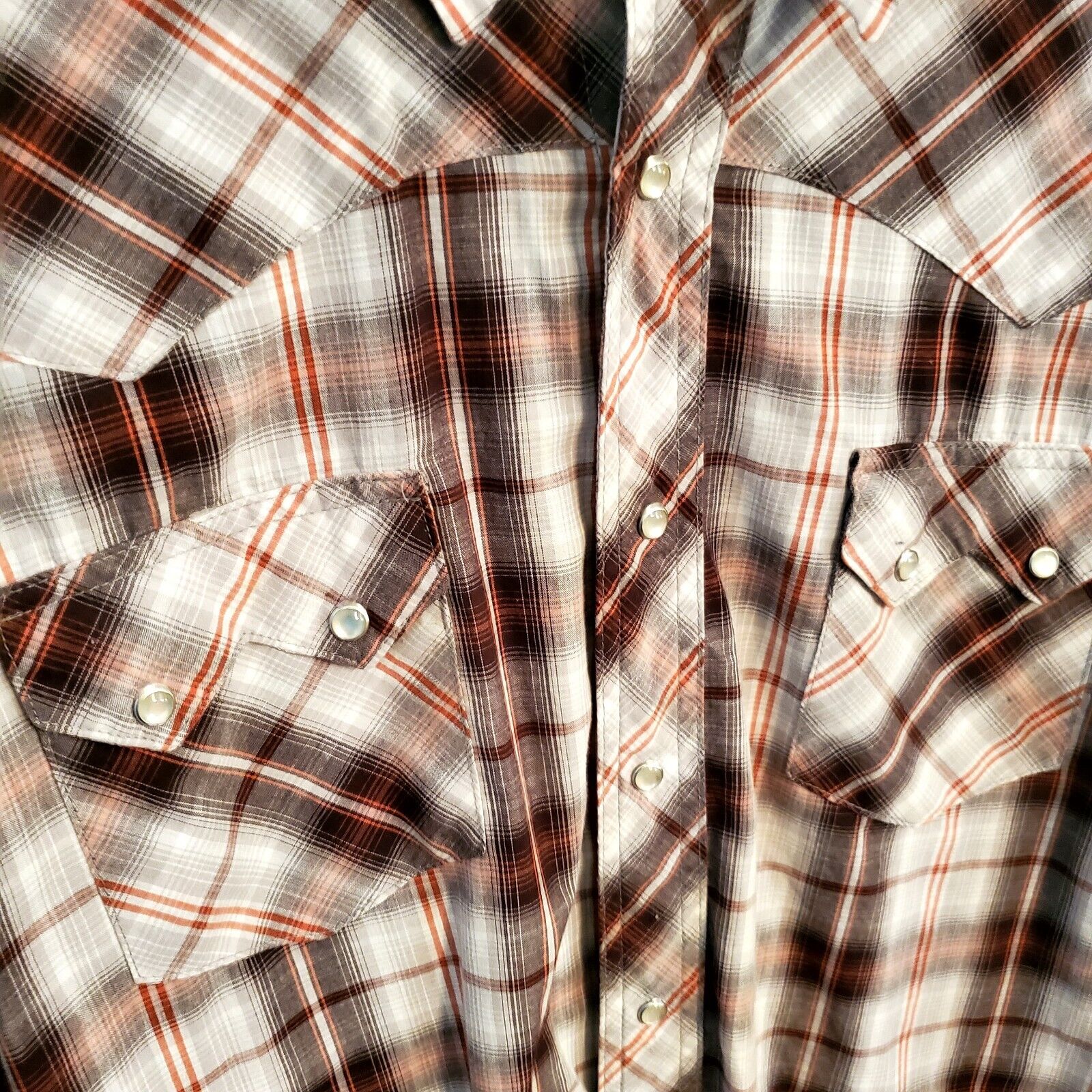Vintage Wrangler Pearl Snap Medium Long Sleeve Button Down Brown Plaid  26" P2P