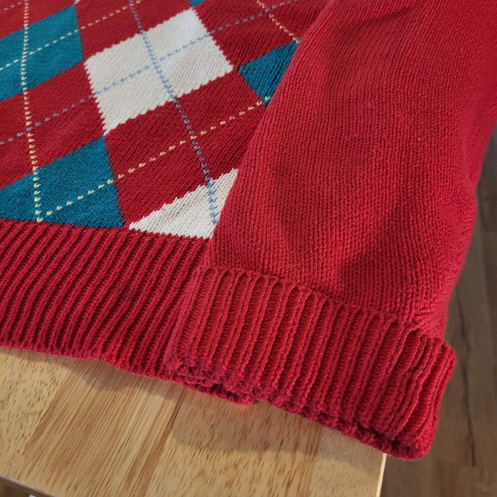 Vintage Argyle 100% Cotton Red White & Green Gold Norsport Lonng Sleeve Sweater 