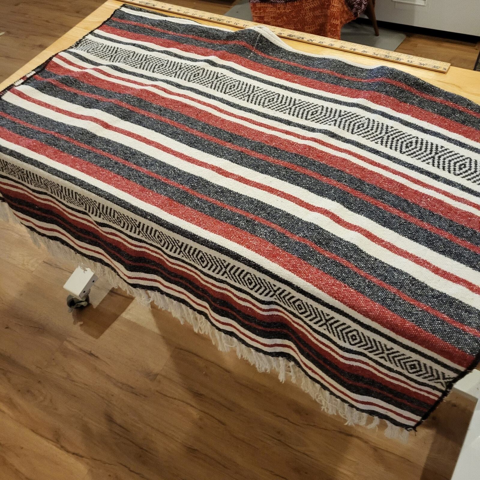 Handmade Red Black White Striped Mexican Blanket Poncho 2 Ways to Wear 