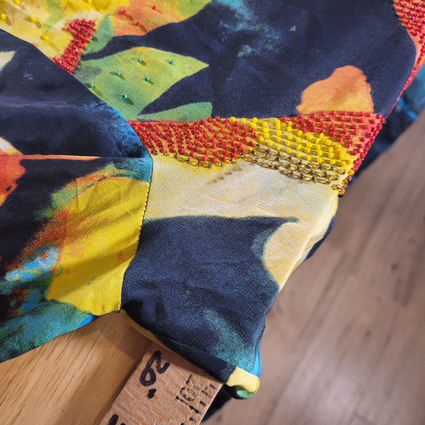 Nicole Taylor 100% Silk Batik Dyed Beaded Koi Fish Blouse  Collared. Button Down