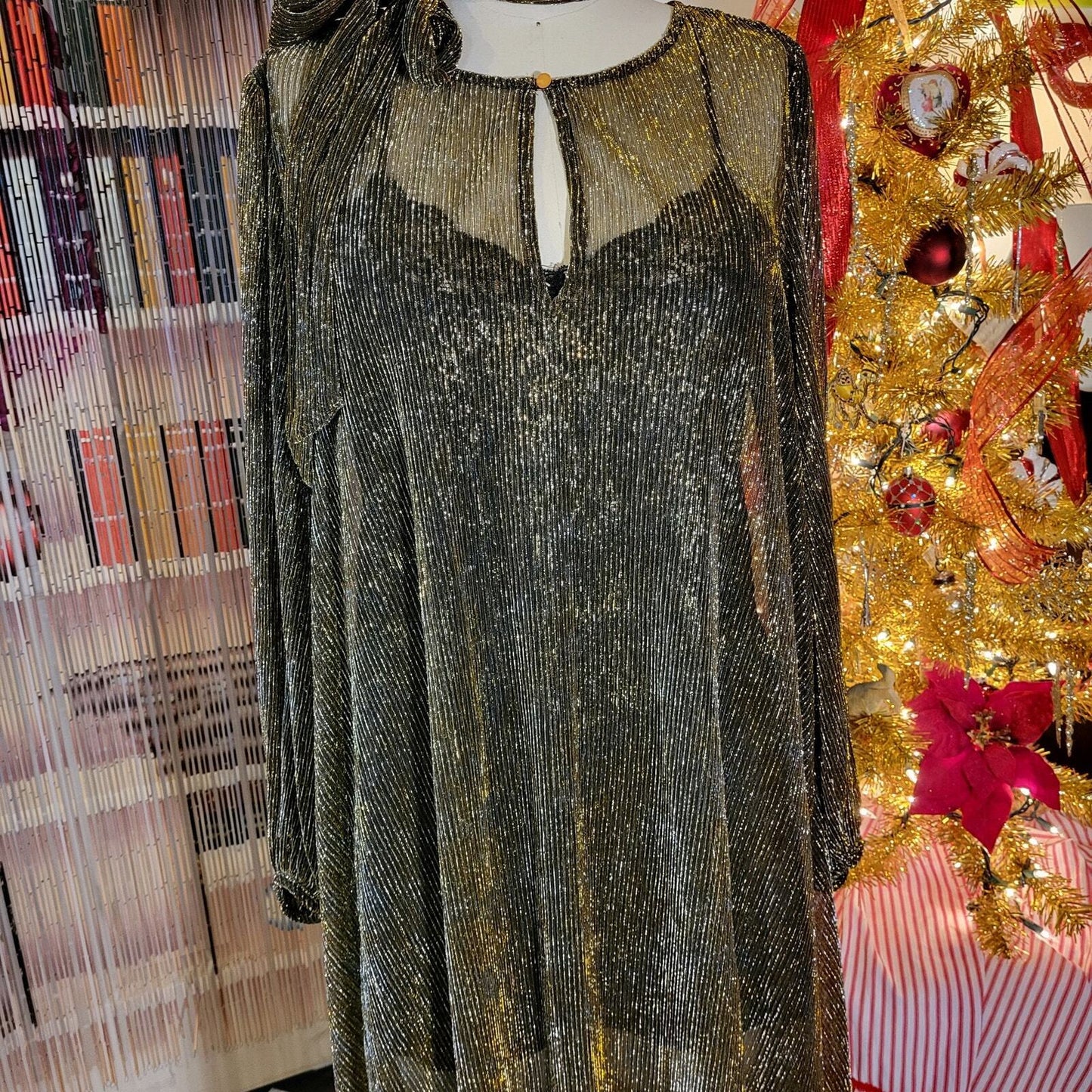 Gold Metallic Vintage Sheer Maxi Dress Long Sleeve Belt 24" P2P Ribbed