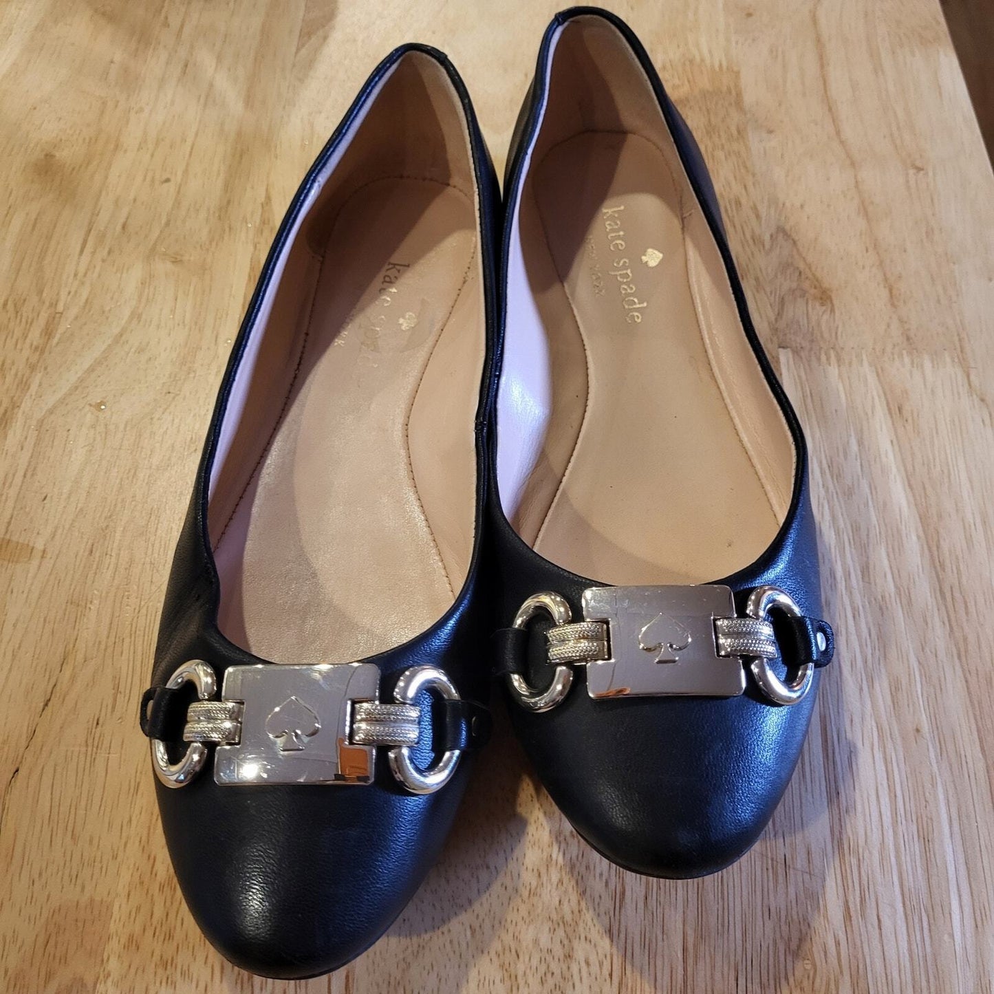 Kate Spade Black Leather Payton  Ballet Flats Silver Hardware Sz. 7 Rubber Sole
