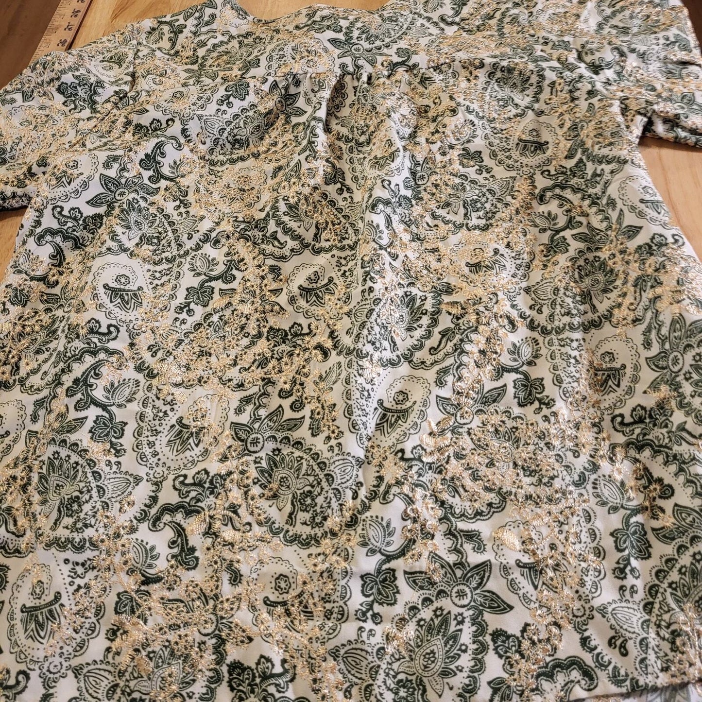 Paisley Green & Cream Ballon Sleeve Blouse All Over Embroidery medium Tassel Tie