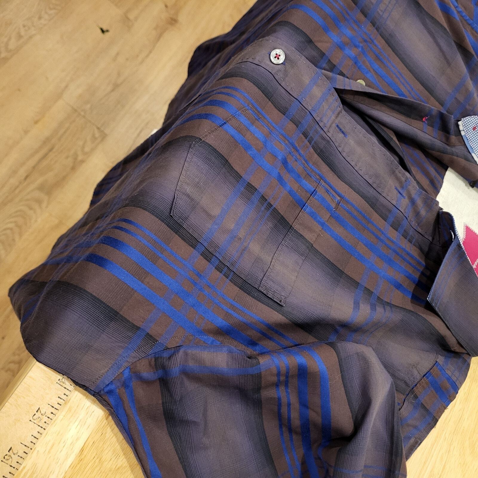 Tommy Bahama Purple Plaid 100% Cotton Button Down Collared Shirt Contrast Cuff 