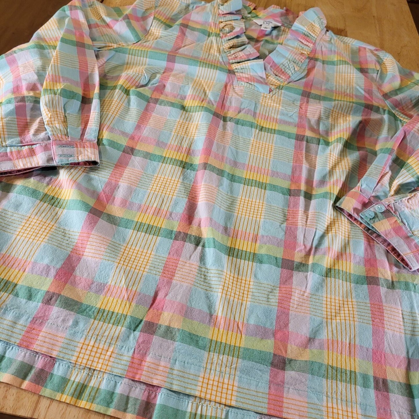Crown & Ivy Pastel Plaid Ruffle Collar 3/4 Sleeve 25" Long 23" P2P