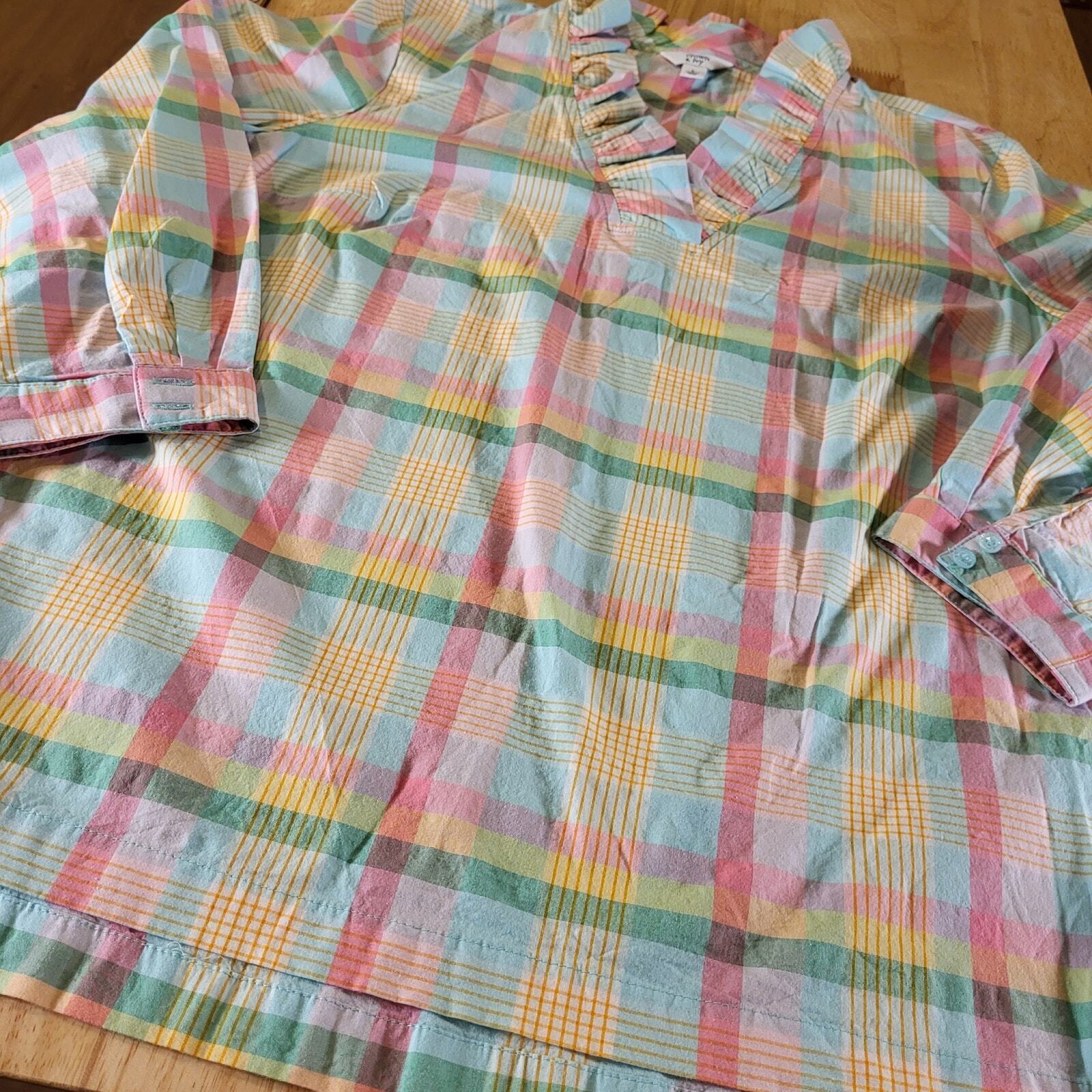 Crown & Ivy Pastel Plaid Ruffle Collar 3/4 Sleeve 25" Long 23" P2P