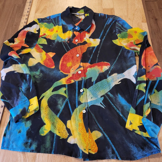 Nicole Taylor 100% Silk Batik Dyed Beaded Koi Fish Blouse  Collared. Button Down