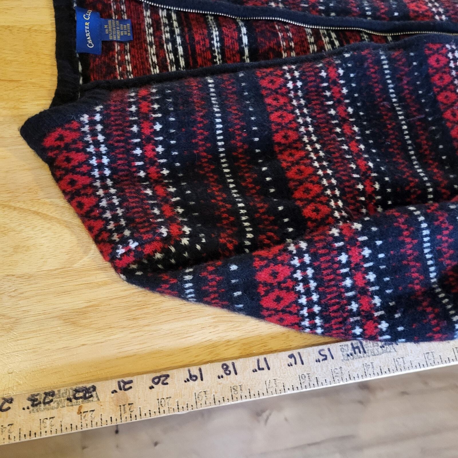 Charter Club 100% Lambs Wool Size Medium Fair Isles Zip Knit Cardigan Red White 