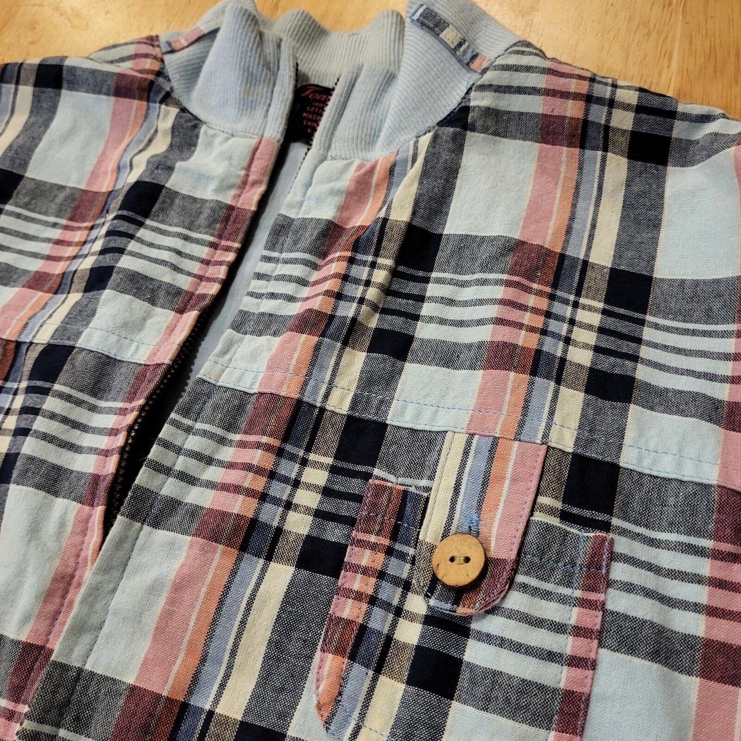 Feathers 100% Cotton 90's Plaid Blue Y2K Bomber Jacket Pockets Zipper large