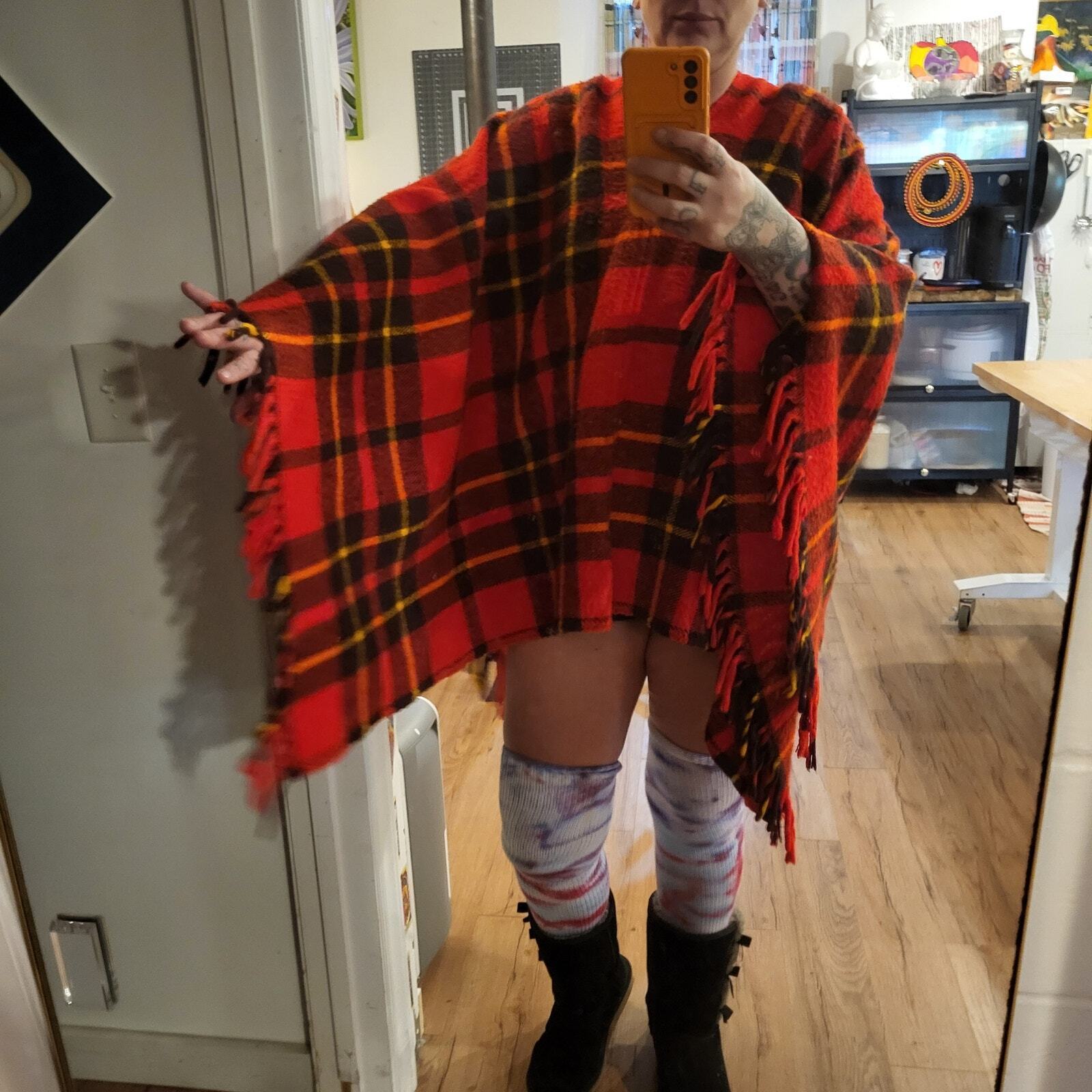Red Plaid Tartan Possibly Wool Hand Made Poncho Multiple Ways to Wear