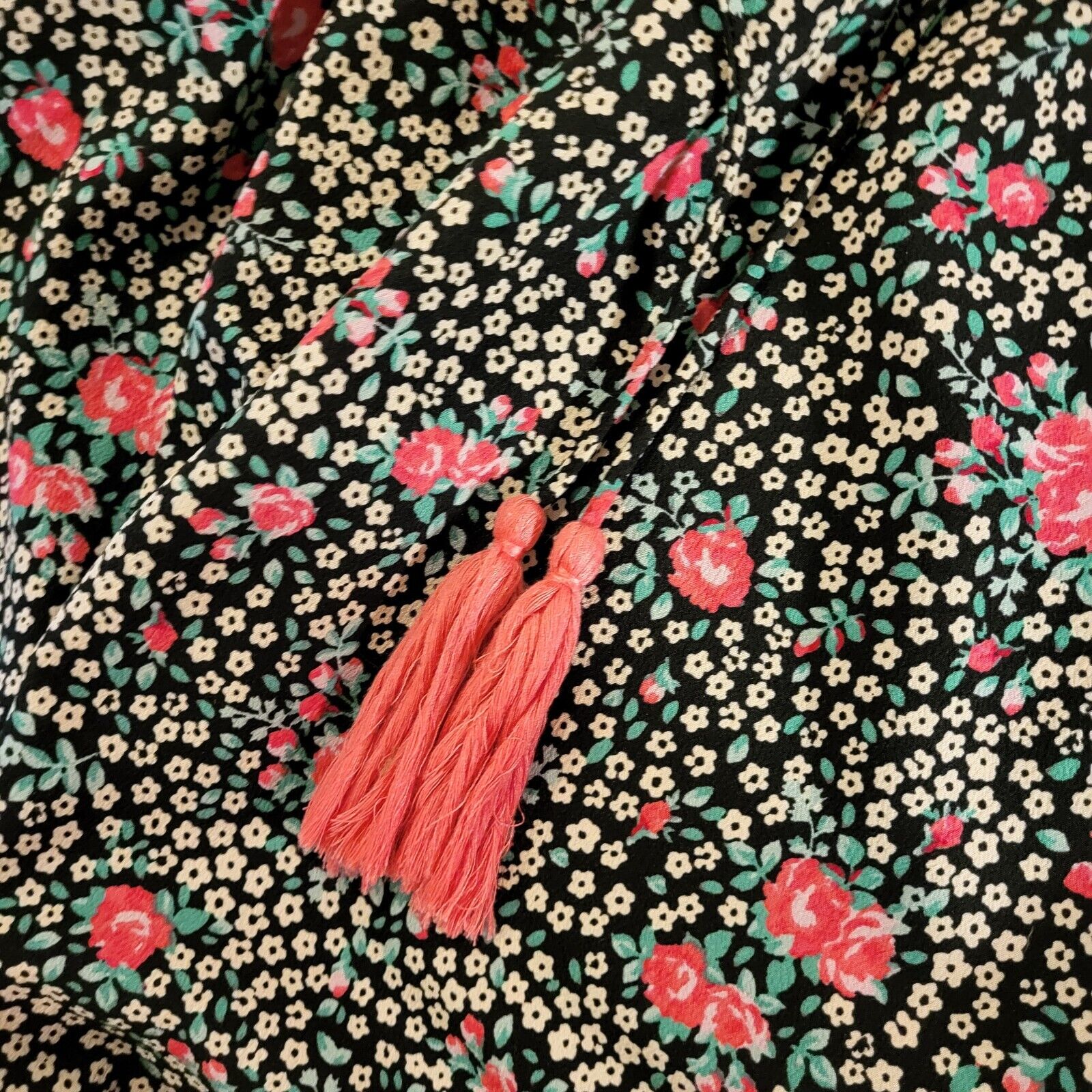 Floral dress Size Large Black & Pink Pom Pom Hem A-line Off The Shoulder Elastic