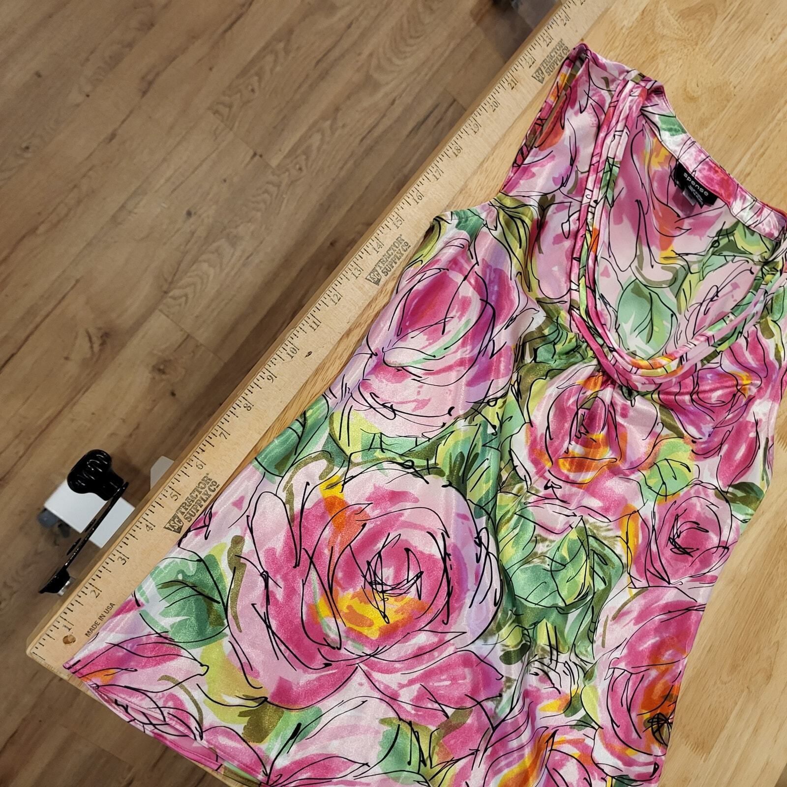 Satin Pink & Green Floral Rose Sleeveless Tank Blouse Spense Small