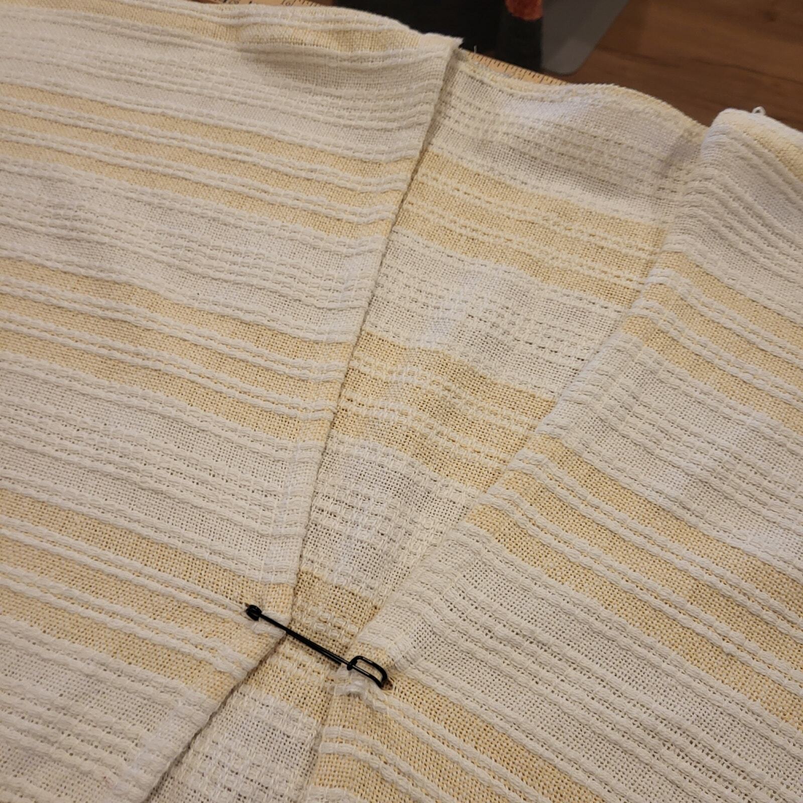 Hand Made Knit Yellow & White Striped Poncho Shawl Open Front Pin 