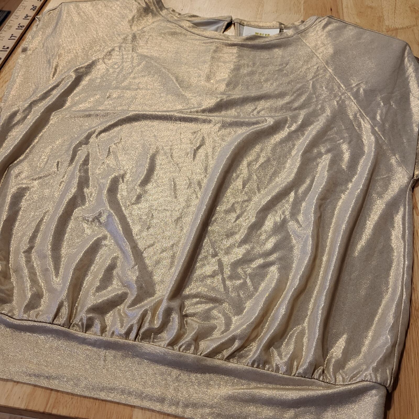 Anthropologie Maeve Gold Shiny shimmery batwing Blouse XS 19" P2P doleman sleeve