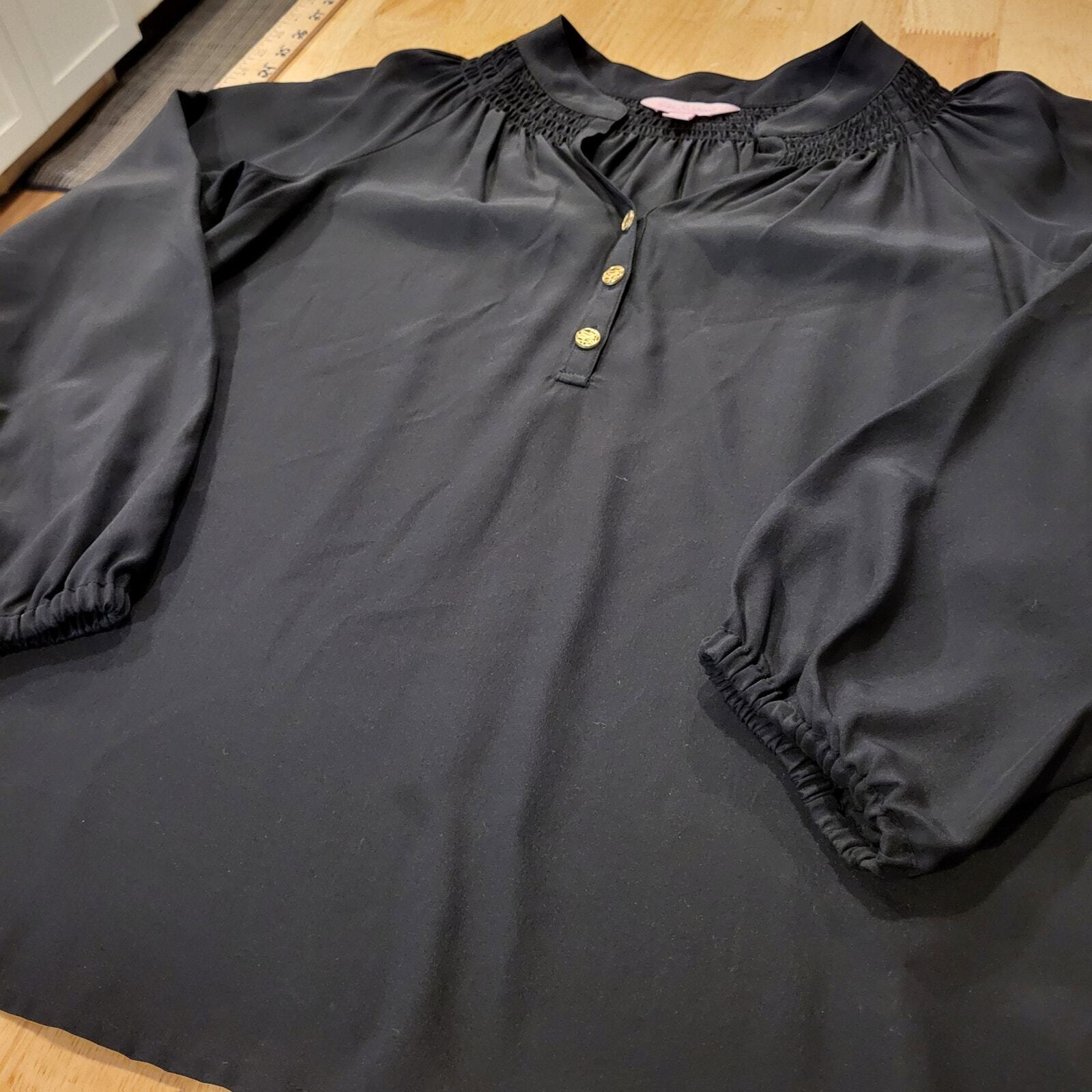 Lilly Pulitzer Black Blouse Gold Buttons Balloon Sleeve XS Neckline Detail