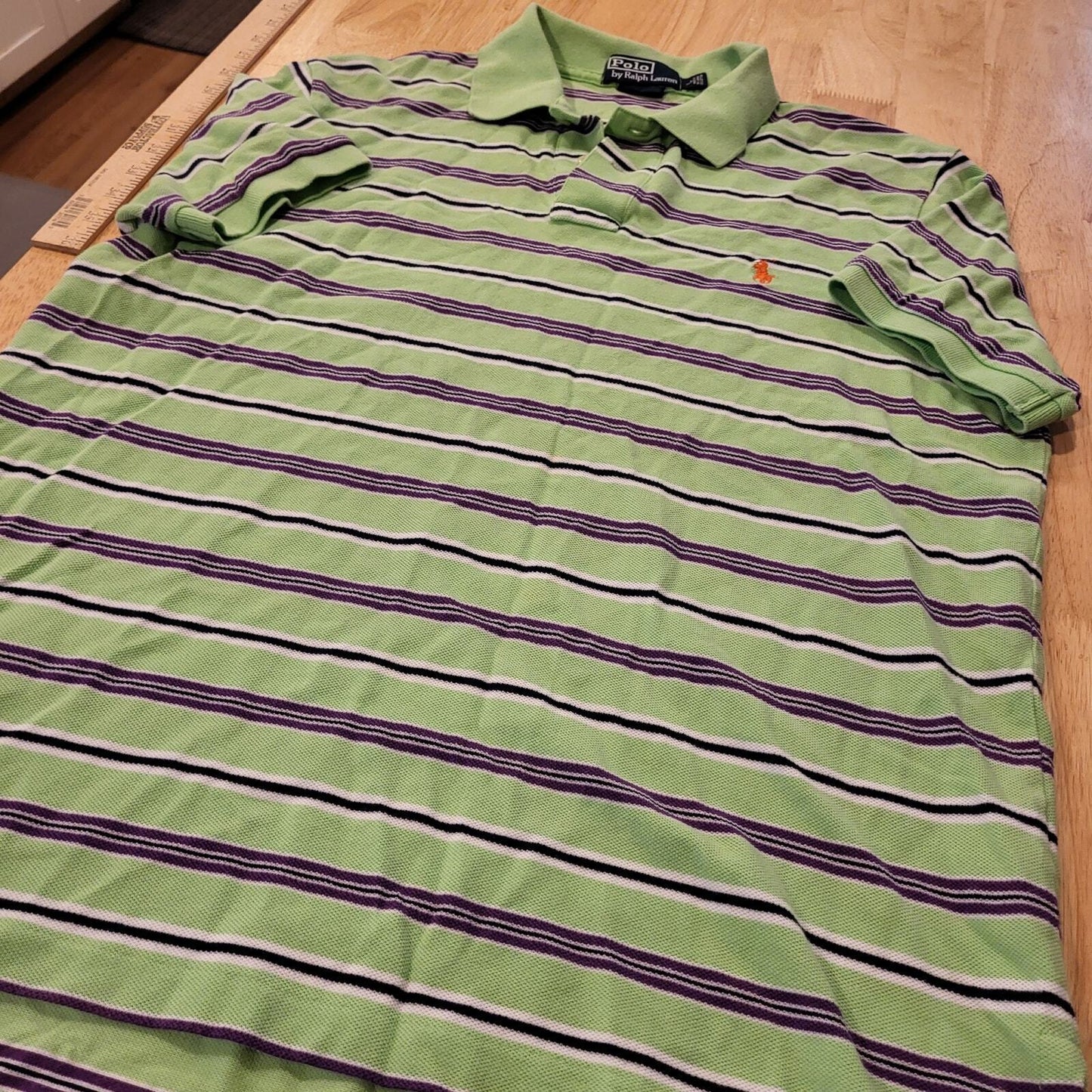 Ralph Lauren Green Striped Golf Polo Blue Detail Large Red Logo