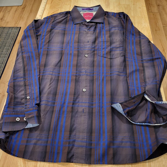 Tommy Bahama Purple Plaid 100% Cotton Button Down Collared Shirt Contrast Cuff 