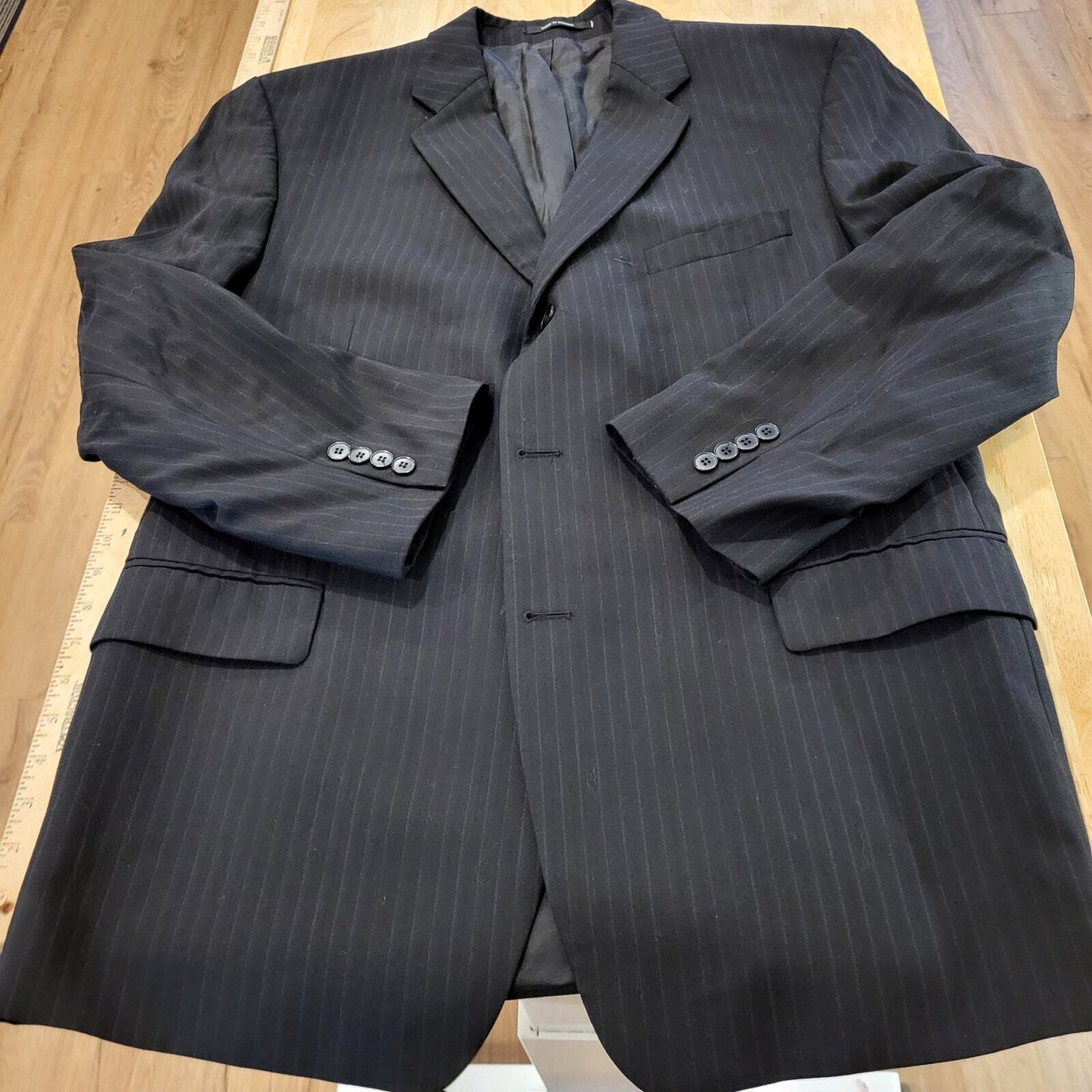 DKNY Black Pinstripe 100% Wool Suit jacket 32" Long 25" P2P