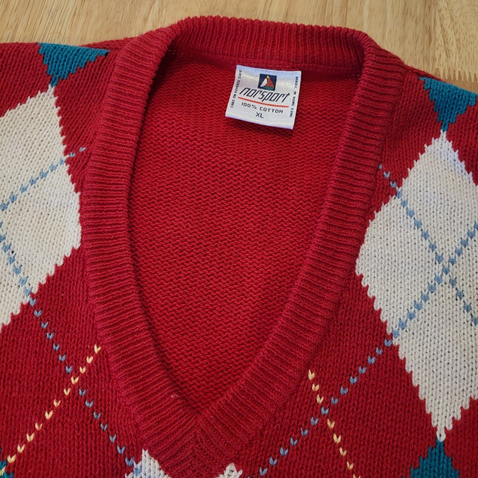 Vintage Argyle 100% Cotton Red White & Green Gold Norsport Lonng Sleeve Sweater 
