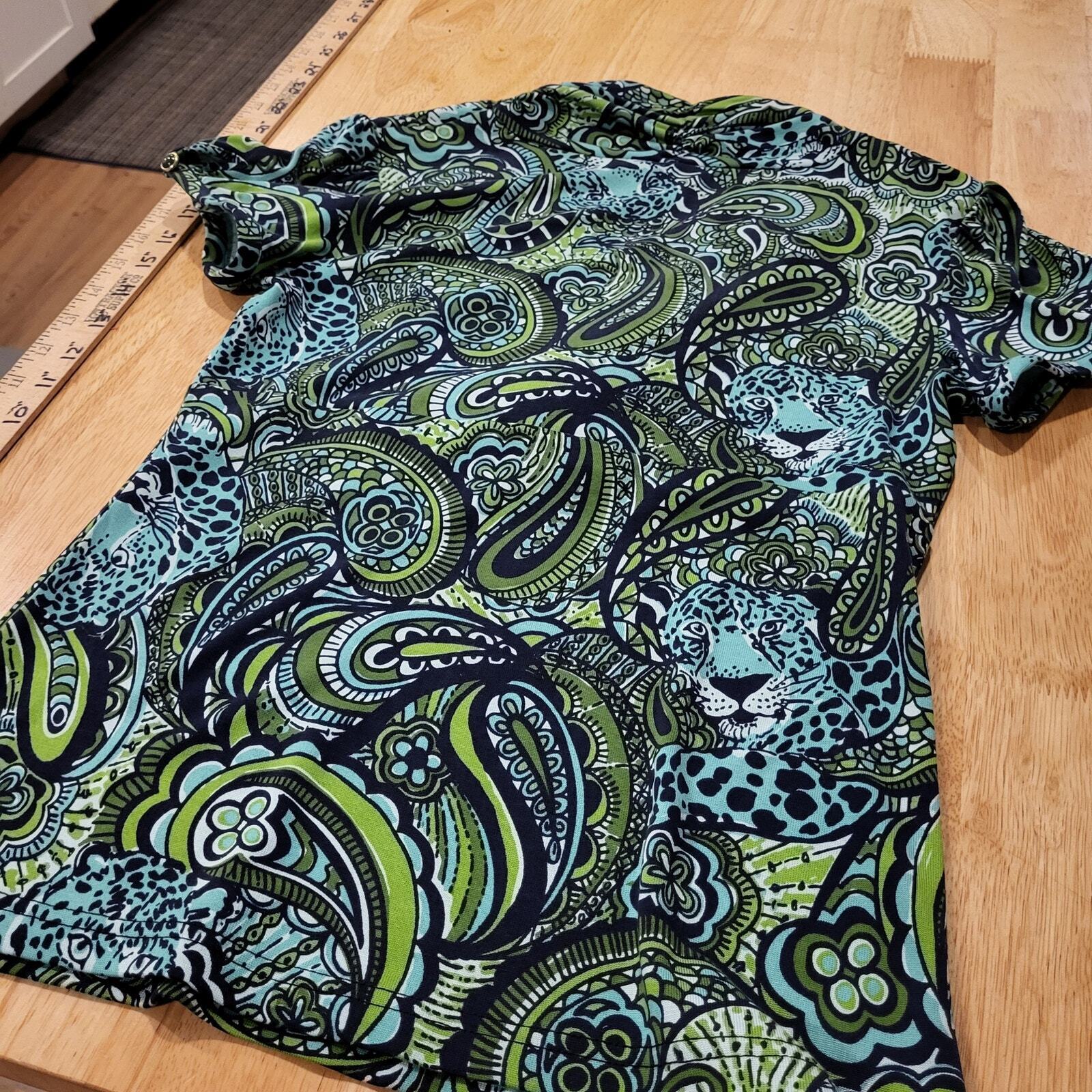 Lilly Pulitzer Blue Leopard Paisley Print V-Neck T-Shirt Jersey Button xs