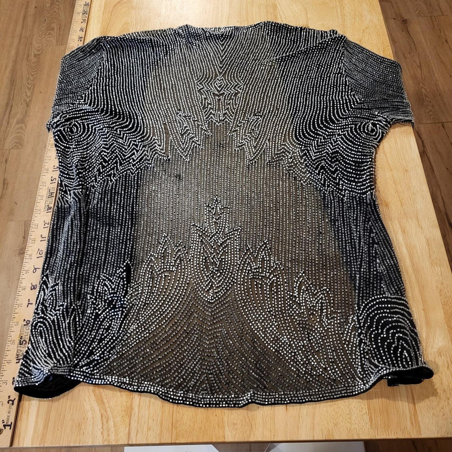 Oleg Cassini Black Tie 100% Silk Black Silver Beaded Chiffon Open Blouse L